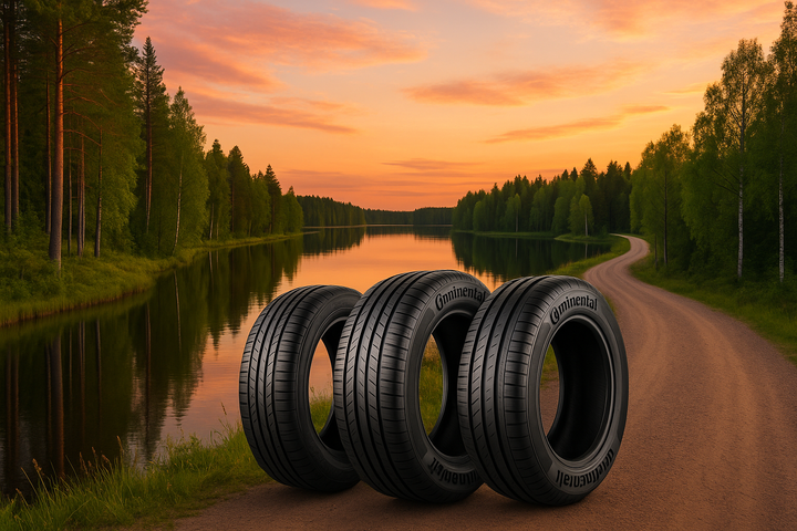 A finnish summer landscape with a rural road and a lake, with 3 Continental Tires in the foreground, summer dusk setting.